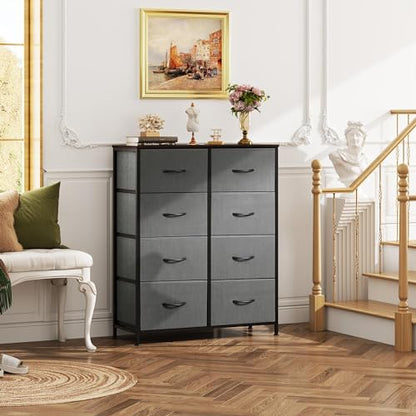 WLIVE Fabric Dresser for Bedroom, Tall Dresser with 8 Drawers, Storage Tower with Fabric Bins, Double Dressers, Chest of Drawers for Closet, Living Room, Hallway, Dark Gray | 8-drawer tall storage tower with fabric bins and wood tabletop, breathable non-w