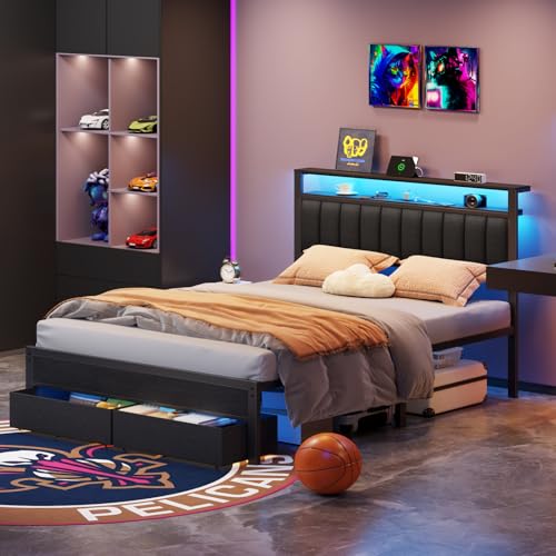 Queen Bed Frame with Storage Drawers and Upholstered Headboard | Metal Platform Bed with Charging Station, LED Lights, 2 Tier Shelves, Fabric Drawers. No Box Spring Needed, Noise Free, Grey - size: Queen