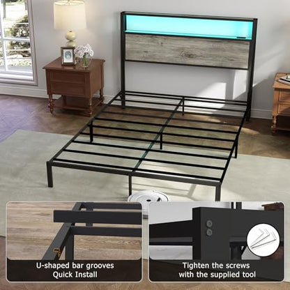 RVONOW Queen Size Bed Frame with 2-Tier Storage Headboard, Rustic Grey | Wooden headboard with LED lights, built-in charging station, No Box Spring Needed, Noise Free, Easy Assembly, Modern Bedroom - color: Rustic Grey, size: Queen