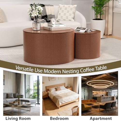 Nesting Coffee Table Set of 2, Round, Brown | Hidden Storage, Leather Wrapped, Stackable End Tables, No Assembly Required, For Small Space Living Room Apartment - color: Brown