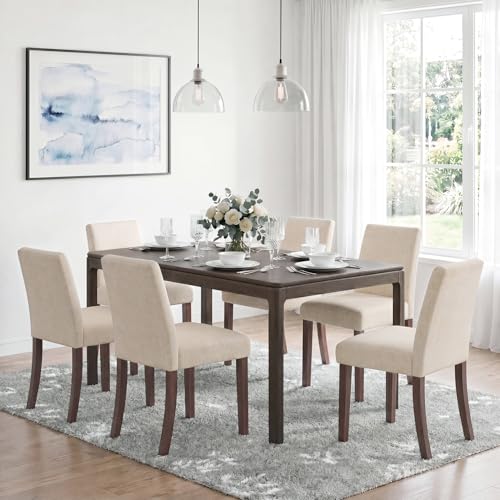 Fabric Upholstered Dining Chairs Set of 6, Parsons Chairs for Small Space | Mid Century Dining Room Chairs with Wooden Legs for Restaurant & Cafe, Beige - color: Beige, size: Set of 6