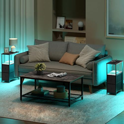 TUTOTAK Narrow LED End Table with Charging Station, Skinny Side Table | Bedside Table with Outlets, Nightstand with 2 Cloth Drawers, Couch Table for Living Room, Bedroom, Charcoal Grey TB01BY056 - color: Charcoal Grey, style: 2 Drawers with Plug & Light