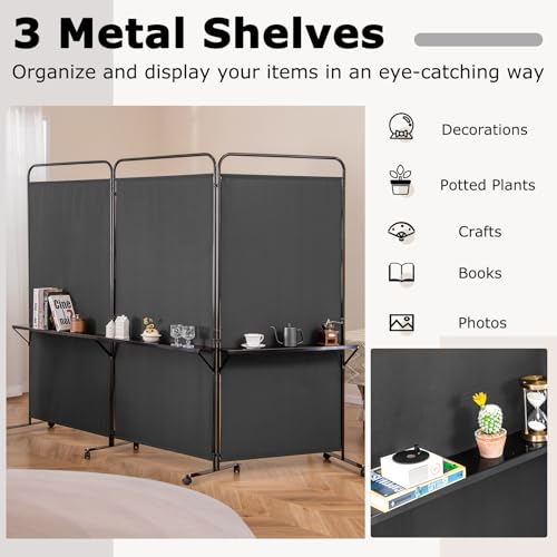 Giantex 3 Panel Room Divider with Wheels and Shelves, 103" W x 74" H Folding Privacy Screen, Rolling Partition Separator for Home Office Studio, Fabric Wall Divider for Room Separation (Black) - color: Black