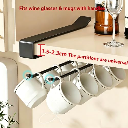 Wine Glass Holder Under Cabinet 2PCS, Stemware Rack Hanger Under Cabinet Wine Glass Rack Kitchen Hanging Storage Rack Organizer, Black