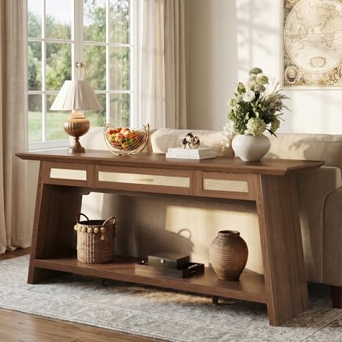 iPormis 70.9 Inches Rattan Entryway Table with Drawer, Narrow Long Console Table Behind Sofa, Wood Entry Accent Hallway Table for Living Room, Behind Couch, Entrance, Rustic Brown - color: Rustic Brown