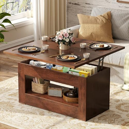 UNIQUITE 40" Lift Top Coffee Table, 4 in 1 Multi-Function Lift Coffee Table with Storage and Hidden Compartment, Convertible Coffee Tables to Dining Table for Living Room, Walnut - color: Walnut