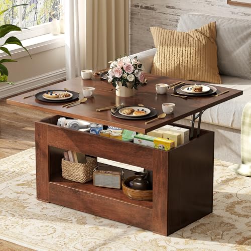 UNIQUITE 40" Lift Top Coffee Table, 4 in 1 Multi-Function Lift Coffee Table with Storage and Hidden Compartment, Convertible Coffee Tables to Dining Table for Living Room, Walnut - color: Walnut