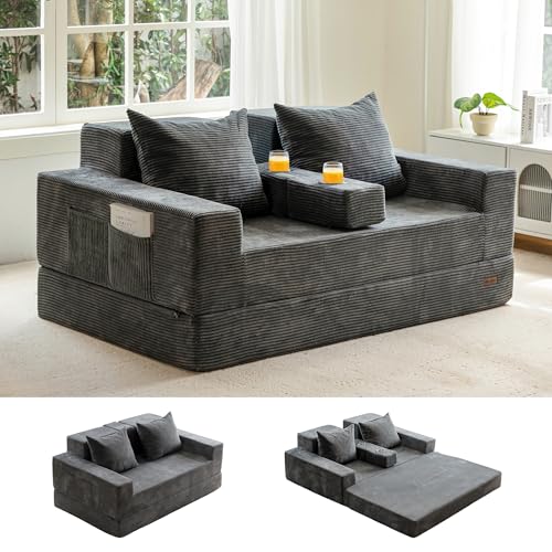 MAXYOYO Sofa Bed, 64-Inch Boneless Loveseat with 2 Cup Holders | Corded Grey 4-in-1 Sofa Converts Into a Floor Couch or Recliner Chair; Sofa-in-a-Box Needs No Assembly for Living Rooms - color: Corded Grey, size: Standard(64" Length)