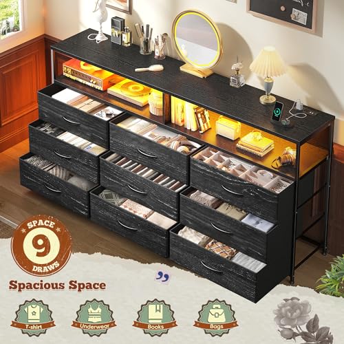 55" W Dresser for Bedroom with 9 Drawers LED, Power Outlets Fits 65" TV | TV Stand for 45, 55, 65 Inch TV Sturdy Long Chest of Drawers with Extra 2 Wooden Shelves Steel Frame Grain Black - color: Grain Black