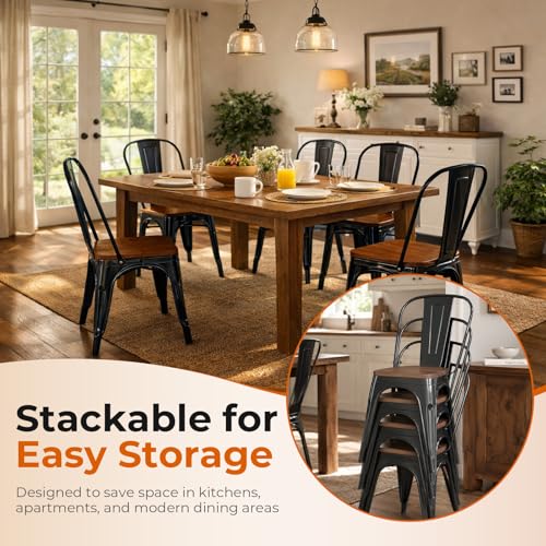 Obsidian Black Color,Metal Black Dining Chairs with Wood Seat,Set of 4 | Iron Stackable Tolix Modern Indoor Outdoor Bistro Kitchen Patio - color: Obsidian Black