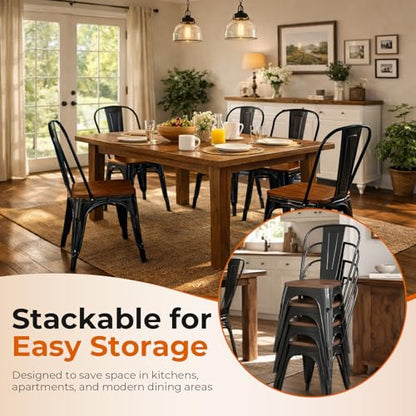 Obsidian Black Color,Metal Black Dining Chairs with Wood Seat,Set of 4 | Iron Stackable Tolix Modern Indoor Outdoor Bistro Kitchen Patio - color: Obsidian Black