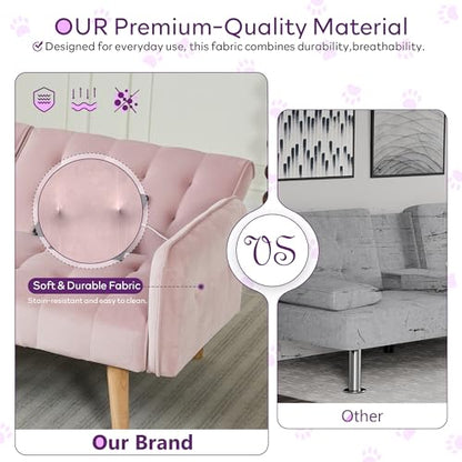 65'' Convertible Futon Sofa Bed with USB, Small Couch for Living Room | Sleeper Sofa and Loveseat, Adjustable Folding Couch with Tufted Design and 2 USB Ports, Bedroom Apartment Office, Pink - color: Pink