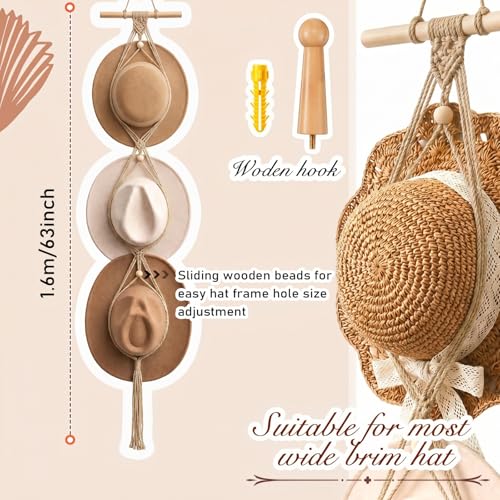 Macrame Hat Hangers Racks Boho Cowboy Hats Holders Western Display Organizer Storage decor Back of Door for Wall(Beige,Three Hats Style) - color: Beige, style: Three Hats Style