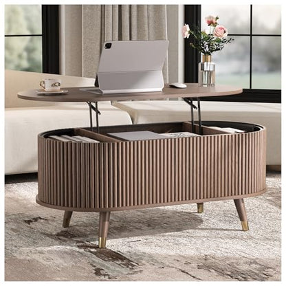 SULIVES Oval Coffee Table with Storage, Multifunctional Lift Top Drum Coffee Table, Small Fluted Center Table for Living Room, Walnut - color: Walnut_oval