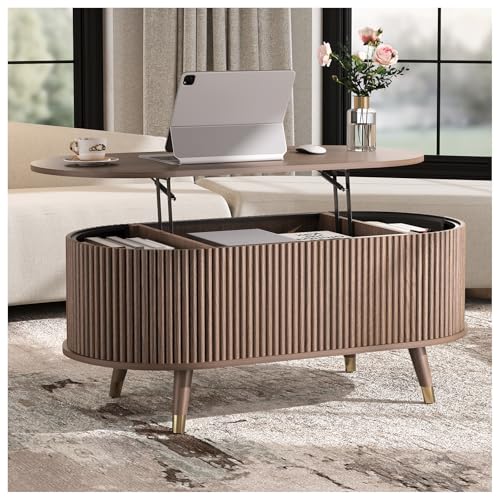 SULIVES Oval Coffee Table with Storage, Multifunctional Lift Top Drum Coffee Table, Small Fluted Center Table for Living Room, Walnut - color: Walnut_oval