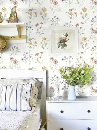 17.3''x78.7'' Floral Peel and Stick Wallpaper Boho Vintage Botanical Farmhouse Renter Friendly Contact Paper Bathroom Kitchen Village Country Cottage Small Floral Wallpaper Waterproof Vinyl - color: White, size: 17.3" x 78.7"
