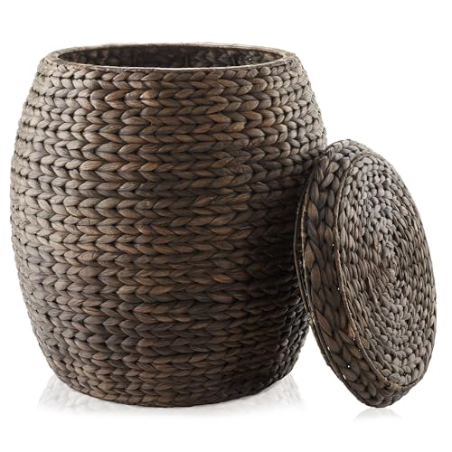 Casafield Round Storage Basket with Lid - Espresso Dark Brown, Handwoven Hyacinth Organizer for Laundry, Blanket, Plants, Bedroom, Living Room, Office - color: Espresso