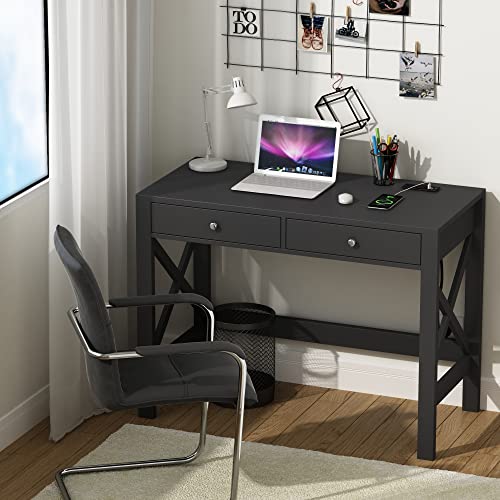 ChooChoo 40 Inches Farmhouse Computer Desk with 2 Drawers & Power Outlets | Wooden Writing Desk, Study Desk for Home Office, Makeup Vanity, Black - color: Black, size: 40inch with Power Outlet