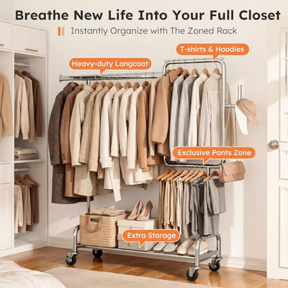 SOLEDI Heavy Duty Partitioned Clothes Rack, 600 LBS Load Metal Garment Rack with Shelves & Lockable Wheels, Rolling Hanging Rack for Bedroom, Laundry Room, Store & Garage (Silver) - color: Silver