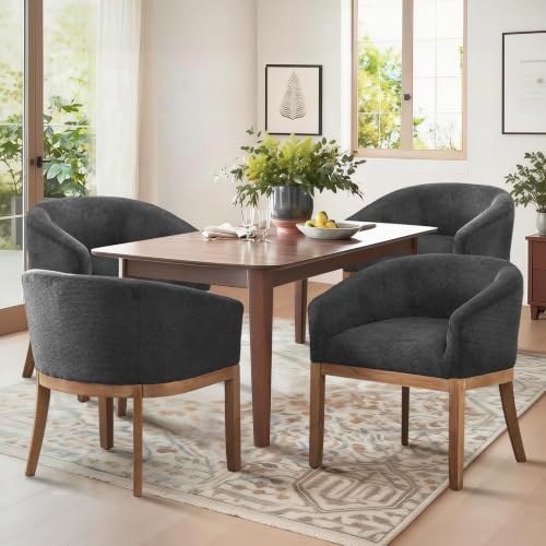 Modern Upholstered Barrel Dining Chair Set of 4, Natural Hardwood Frame, Farmhouse Linen Chairs for Dining Room, Kitchen(Charcoal) - color: Black (Charcoal), size: Set of 4