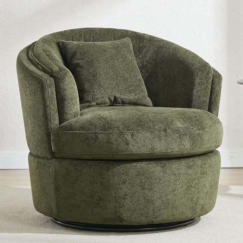 Swivel Accent Chair, Widened Round Barrel Chair with Pillow | Wide Padded Seat, Upholstered Polyester, Silent 360° Swivel Barrel Armchair for Living Room Bedroom Reading Nook, Green - color: Green