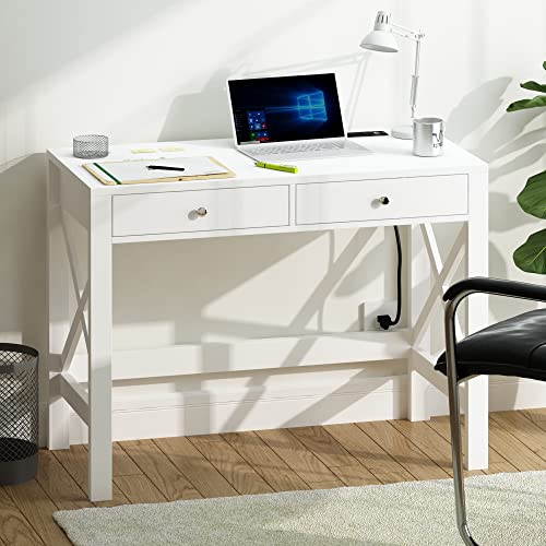 ChooChoo 40 Inches Farmhouse Computer Desk with 2 Drawers & Power Outlets | Wooden Writing Desk, Study Desk for Home Office, Makeup Vanity, White - color: White, size: 40inch with Power Outlet