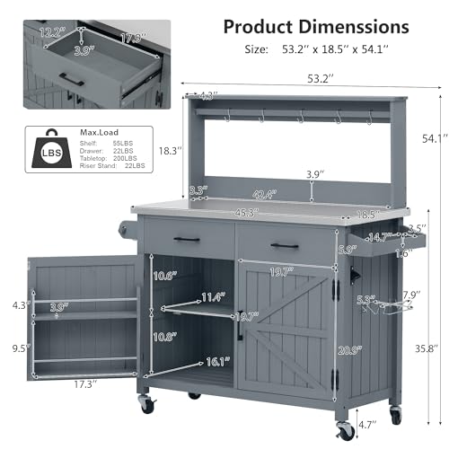 54.1" Outdoor Kitchen Island with High Shelf, Stainless Steel Top & Lockable Wheels, Solid Wood Grill Cart for BBQ, Potting Bench with Storage Cabinet & Adjustable Shelves (54.1" Grey Blue) - color: 54.1" Grey Blue