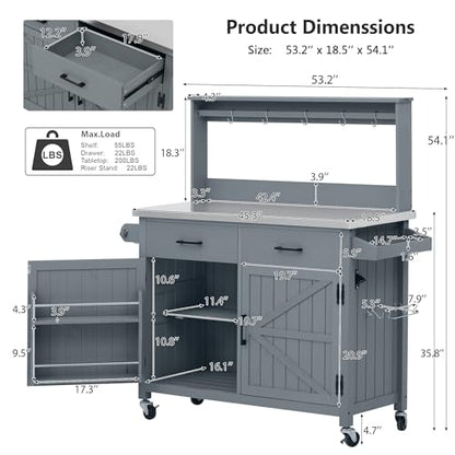 54.1" Outdoor Kitchen Island with High Shelf, Stainless Steel Top & Lockable Wheels, Solid Wood Grill Cart for BBQ, Potting Bench with Storage Cabinet & Adjustable Shelves (54.1" Grey Blue) - color: 54.1" Grey Blue