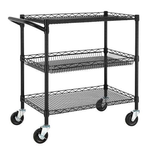Finnhomy 3 Tier Heavy Duty Commercial Grade Utility Cart, Wire Rolling Metal Trolley with Handle Bar, Steel Kitchen Service Cart with Wheels, Food Storage Trolley on Wheels, NSF Listed, Black - size: 30"L x 18"W x 32.4"H-3 Tier, style: Black Cart