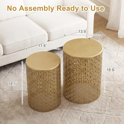 Homebeez Modern Nesting Tables Set of 2, Round Metal End Table, Gold | Accent Side Tables for Living Room & Bedroom, No Assembly Nightstands - color: Gold