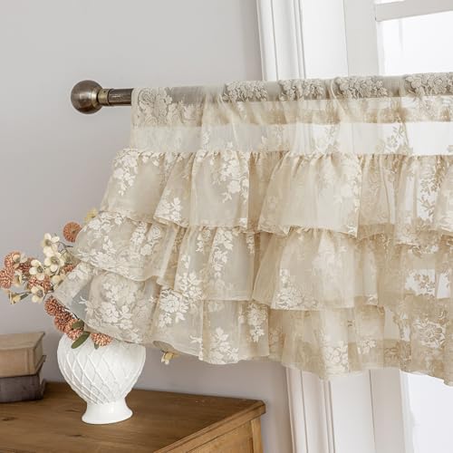 Kotile Beige Lace Ruffle Valance for Windows W52 x L18 Inch, 1 Panel | Rod Pocket, Layered Lace Builds Body, Eases Brightness, Vintage Floral, Soft Farmhouse Look, Short Cascades Flow, Privacy - color: Beige - Ruffle Lace