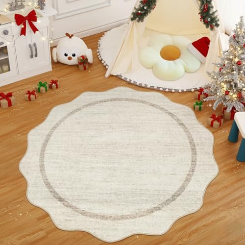 GarveeHome Scalloped Washable Round Rugs Non-Slip Round Rug 4 ft, Beige | Soft Ultra-Thin Small Boho Circle Stain Resistant Low Pile Carpet for Entryway Kitchen Bedroom Nursery Bathroom - color: Beige, size: 4' x 4' (Round)