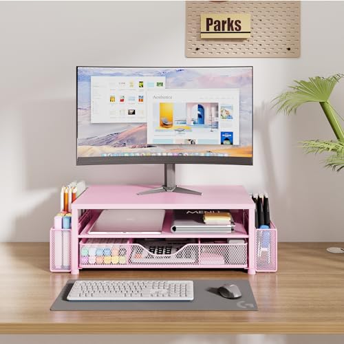 Desk Organizer and Accessories, 2-Tier Computer Monitor Stand Riser with Drawer and 2 Pen Holders, Laptop Stand, Office Desk Accessories for Office Supplies, 1 Pack, Pink - color: Pink 1-Pack, size: 2-Tier