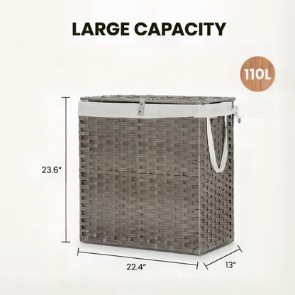 Laundry Hamper with Lid, 110L Foldable Laundry Basket with Removable Liner Bags, Handwoven Synthetic Rattan Clothes Hamper for Bathroom, Bedroom, Laundry Room, Grey - color: Grey-110L