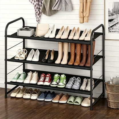 Ekisemio 3-Tier Stackable Shoe Rack – Expandable & Adjustable Fabric Shoe Organizer, Space-Saving for Closet, Black - size: 11.5"D x 27"W x 19"H