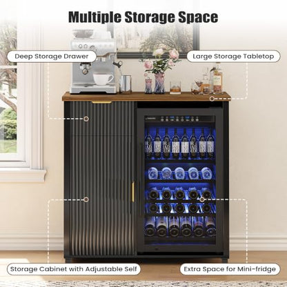 Apicizon Coffee Bar Cabinet with Fridge Space, Modern Fluted Coffee Station with Wine Beverage Storage, Drawer, Glass Holder, Wood Buffet Sideboard Table for Kitchen, Dining Room, 41.33" L, Black - color: Black