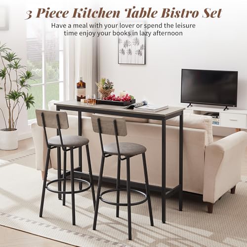 43.31" Bar Table Set for 2, Counter Height Dining Table with PU Upholstered Bar Stools and Backrests, Space-Saving Small Kitchen Table for Breakfast Nook,Grey - color: Grey, style: Rectangular w/ Upholstered Stool