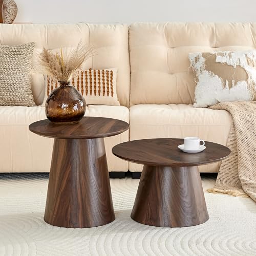 Walnut Coffee Table Set of 2, Mid Century Nesting Tables with Natural Walnut Grain Round Tabletop & Wooden Cone Base, Round Layered Low Profile Accent Tables Ideal for Living Room, APT, Small Space - color: Walnut Nesting Coffee Table