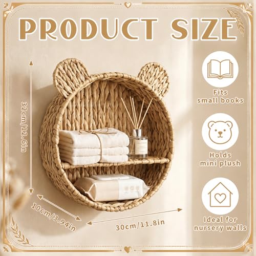 Bear Nursery Wall Shelf Decor Boho Rattan Wicker Floating Shelves Handwoven Natural Rattan Hanging Organizer Storage Basket for Small Books Toys Nursery Bathroom Living Room Bedroom Corner - style: Bear
