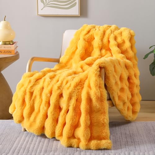 Faux Fur Throw for Couch - Mustard Yellow Bubble Blanket 60"x80" | Fluffy Plush Fuzzy Throw for Sofa & Bed, Super Soft Cozy Comfrt Blanket, Luxury Aesthetic Yellow Decor Gift for Women - color: Mustard Yellow, size: Twin(60" x 80")