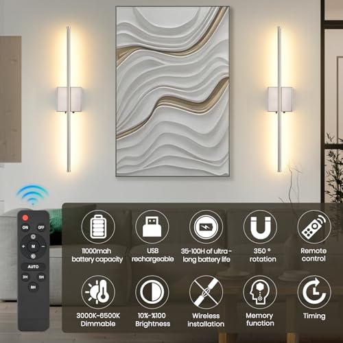 Wireless Battery Operated Wall Sconces, 11000mAh Rechargeable Brushed Nickel Wall Light with Remote Control, 350°Rotate Dimmable Wall Lamp, 3 Color Temperatures, for Bedroom Living Room Hallway, 1 PCS - color: Brushed Nickel, size: 1 Pack