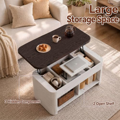 37.5" Lift Top Coffee Table with Storage, Farmhouse Coffee Table with Hidden Compartment & Open Shelf, Lifting Tabletop, for Living Room, Home Office - color: White-brown