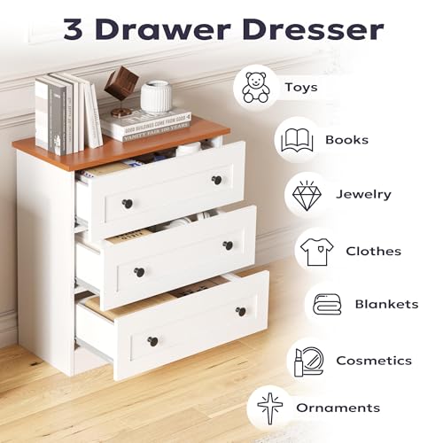 Furnify Farmhouse 3 Drawer Dresser, Small Chests of Drawers, White & Walnut | Farmhouse Wood Nightstand Bedside Cabinet End Table, Modern Closet Storage Organizer for Bedroom, Living Room - size: 11.8"D x 22.8"W x 25.2"H (3 Drawers)