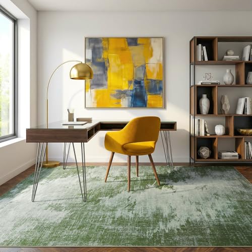 5'x7' Sage Green Faded Abstract Faux Wool Area Rug Living Room Soft | Modern Machine Wash Non-Slip Rug Throws, Kid-Friendly Low Profile Carpet for Bedroom, Kids Room, Farmhouse Under Bed, Green - color: Woodland‌, size: 5' x 7' (Rectangular)