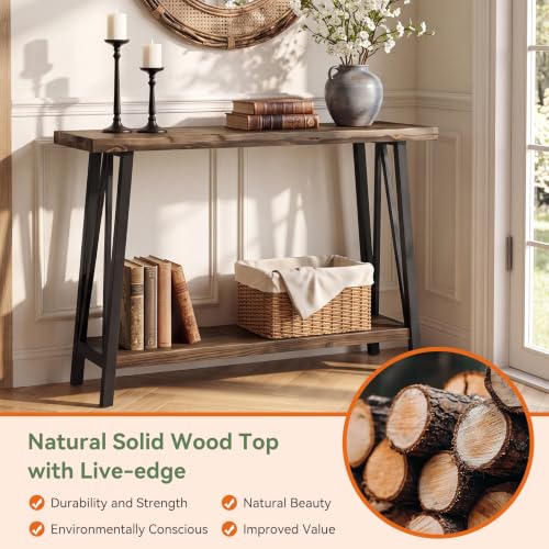 Tribesigns 41.3" Live Edge Solid Wood Console Table, Industrial 2-Tier Entryway Table with Sturdy Metal Frame, Narrow Sofa Accent Table with Storage Shelf for Living Room Hallway Foyer, Brown & Black