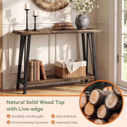 Tribesigns 41.3" Live Edge Solid Wood Console Table, Industrial 2-Tier Entryway Table with Sturdy Metal Frame, Narrow Sofa Accent Table with Storage Shelf for Living Room Hallway Foyer, Brown & Black