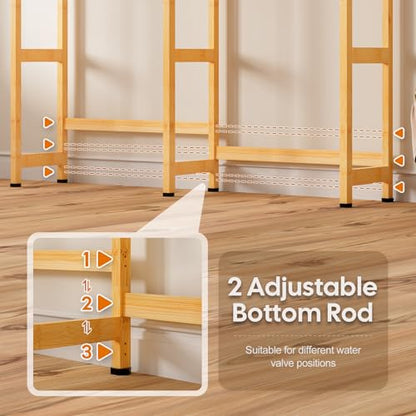 Cozivolife Over The Washer Dryer Storage Shelf: Bamboo 5 Tiers (Natural) | Laundry Room Drying Rack with Adjustable Shelves and 4 Hooks - Space Saver Organizer for Hanging Clothes and Towels - color: Natural