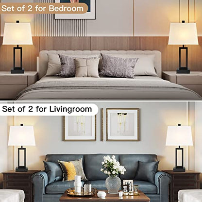 23.5" Touch Control Table Lamps Set of 2, Bedside Lamp with 2 USB Ports & AC Outlet, 3-Way Dimmable Nightstand Lamp with White Linen Shade for Living Room Bedroom End Table Office(2 LED Bulb Included) - color: White
