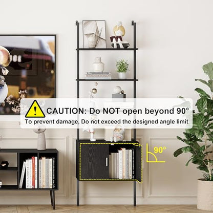 Yusong 73" Tall Bookshelf with Cabinet, Industrial Ladder Wall Mount Shelf Bookcase with Wood and Metal Frame, Plant Shelf Wall Storage Display for Living Room Bedroom, Black Wood Grain - color: Black