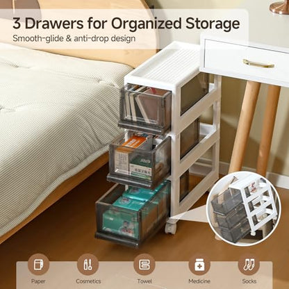 Plastic 3 Drawer Storage Organizer, Narrow Plastic Storage Drawers with Wheels, Storage Cart with Drawers for Small and Narrow Space, 7.87-inch Wide (gray)